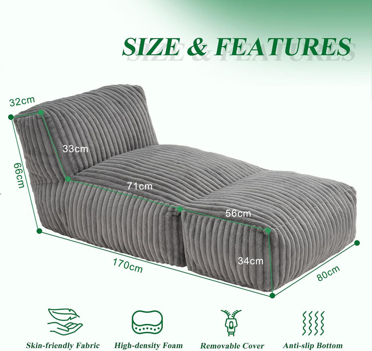 Ergonomic Bean Bag Chaise Lounger with Vertical Plush Fabric and High-Density Foam for Living Room Reading, Napping, and TV Watching (Beige)
