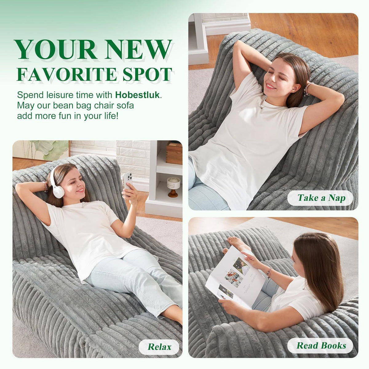 Ergonomic Bean Bag Chaise Lounger with Vertical Plush Fabric and High-Density Foam for Living Room Reading, Napping, and TV Watching (Blush)