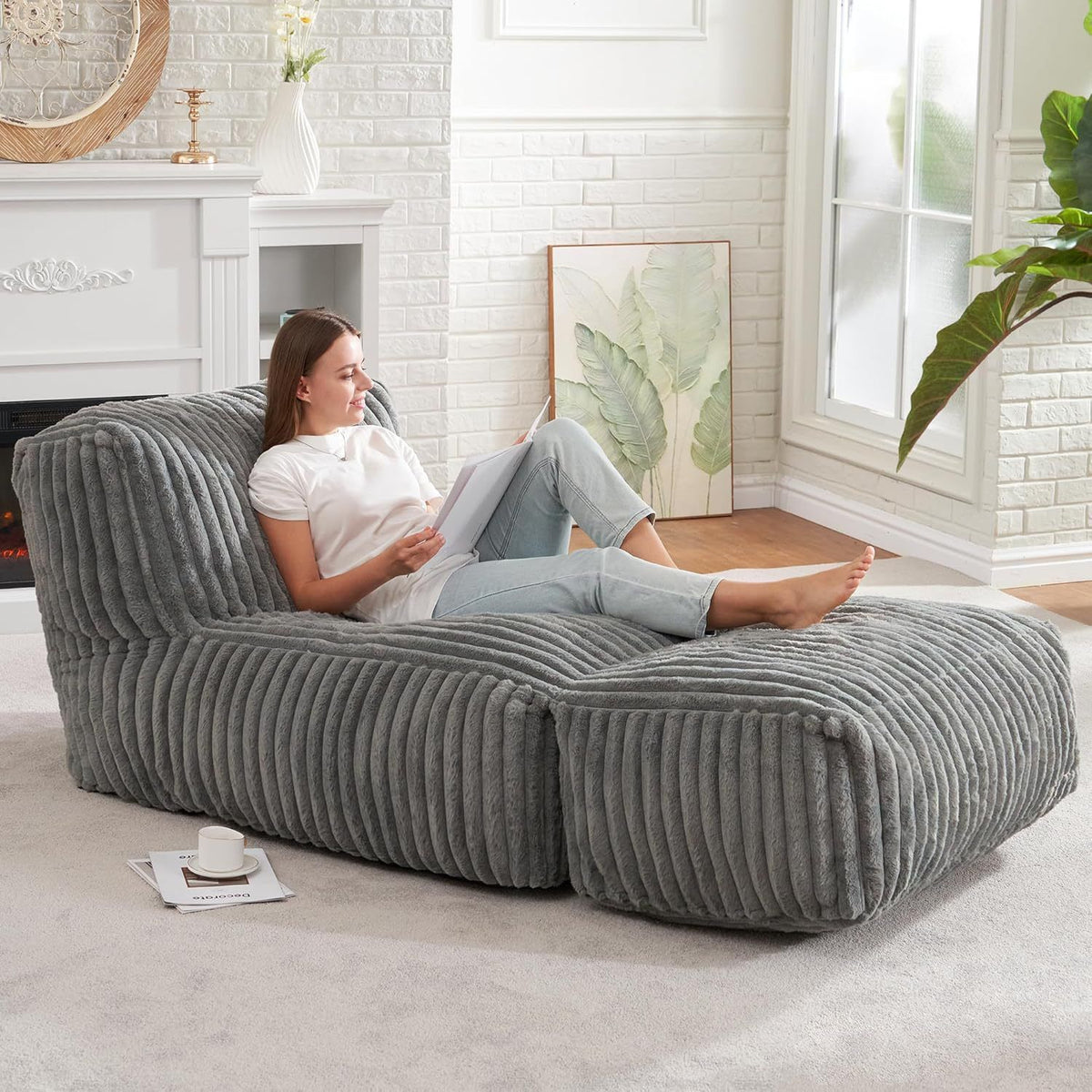 Ergonomic Bean Bag Chaise Lounger with Vertical Plush Fabric and High-Density Foam for Living Room Reading, Napping, and TV Watching (Grey)