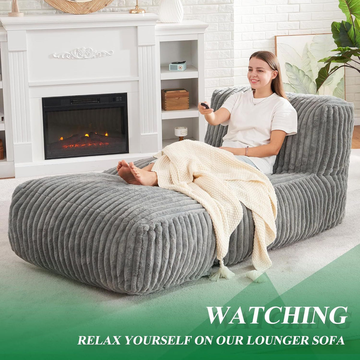 Ergonomic Bean Bag Chaise Lounger with Vertical Plush Fabric and High-Density Foam for Living Room Reading, Napping, and TV Watching (Grey)