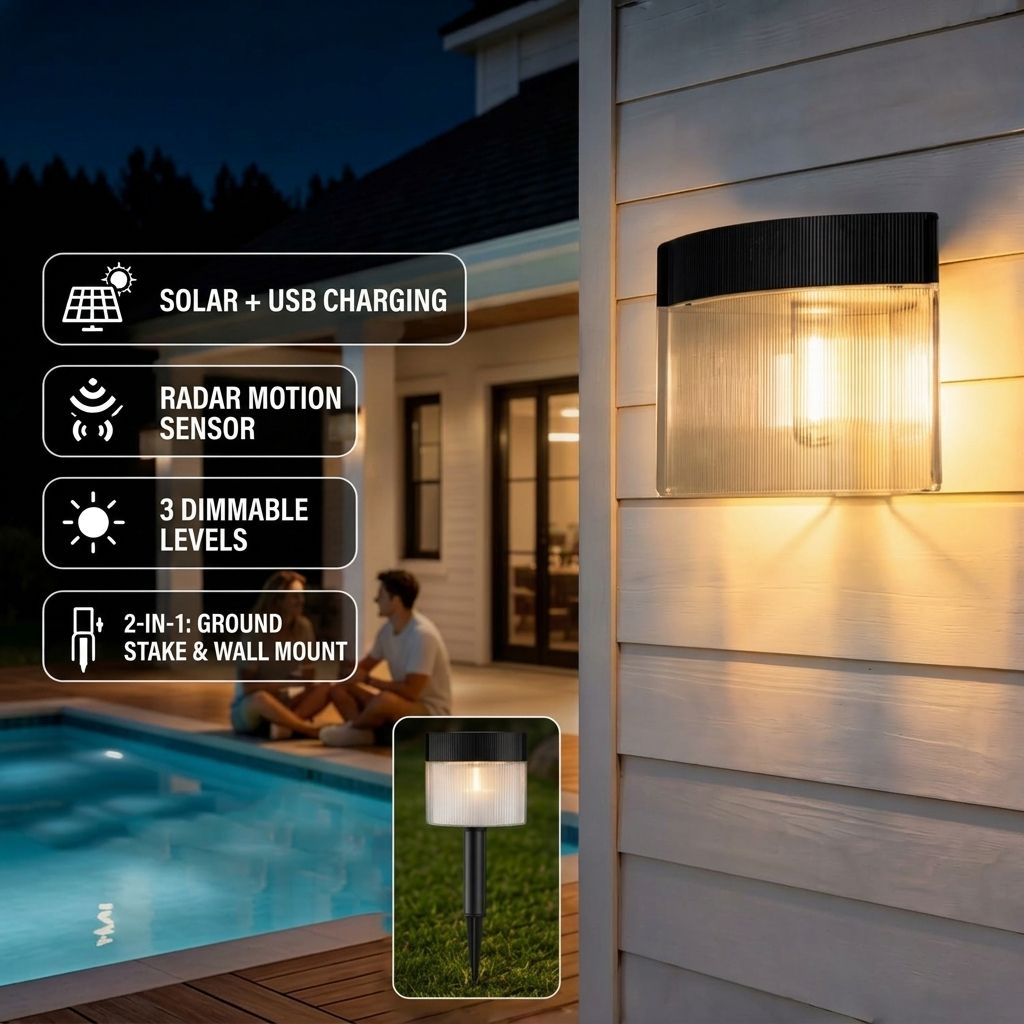 Solar Powered Outdoor Wall Lamp with Radar Motion Sensor, Dual Installation as Wall Mount or Ground Spike, Rechargeable Garden Path Light, Warm White Glow for Patio, Lawn, and Entryway Illumination (Warm Light, 4PCS)