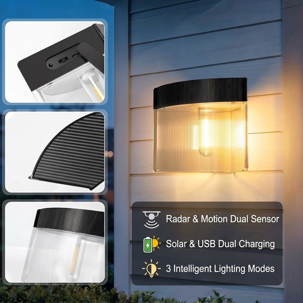 Solar Powered Outdoor Wall Lamp with Radar Motion Sensor, Dual Installation as Wall Mount or Ground Spike, Rechargeable Garden Path Light, Warm White Glow for Patio, Lawn, and Entryway Illumination (White Light, 4PCS)