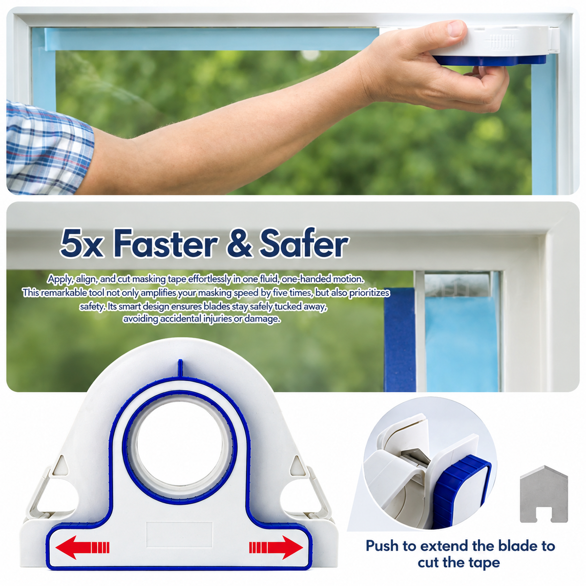 Painters Masking Tape Dispenser Handheld Tape Applicator Tool for Wall Edge Trim Door Frame Window Border Painting Preparation Quick Straight Tape Laying (Grout Tool + 5 Rolls Red Masking Tape)