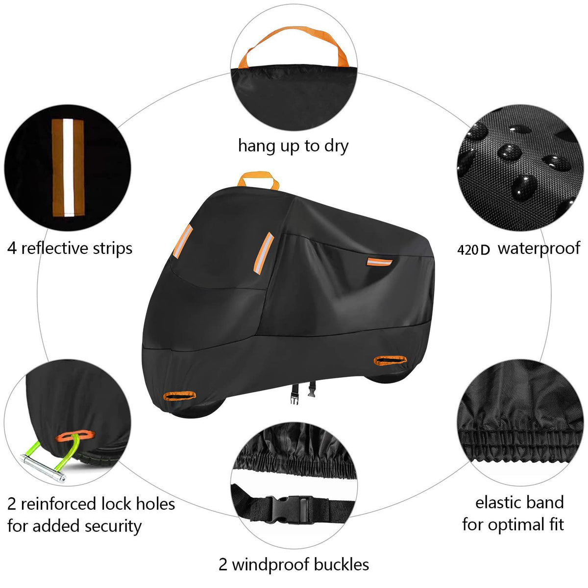 Ultimate All-Weather Motorcycle & Scooter Cover – Heavy-Duty 420D Oxford Waterproof Protection with Reflective Strips, Anti-Theft Lock Holes, Windproof Buckles, and Convenient Carry Bag for Year-Round Outdoor Parking (M)