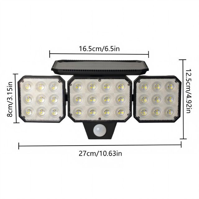 120-LED Solar Motion Sensor Outdoor Wall Light, 3 Adjustable Heads with 270° Coverage, 800 Lumens Super Bright, 3 Modes Security Lighting for Garage, Yard, Pathway and Fence (1PCS)