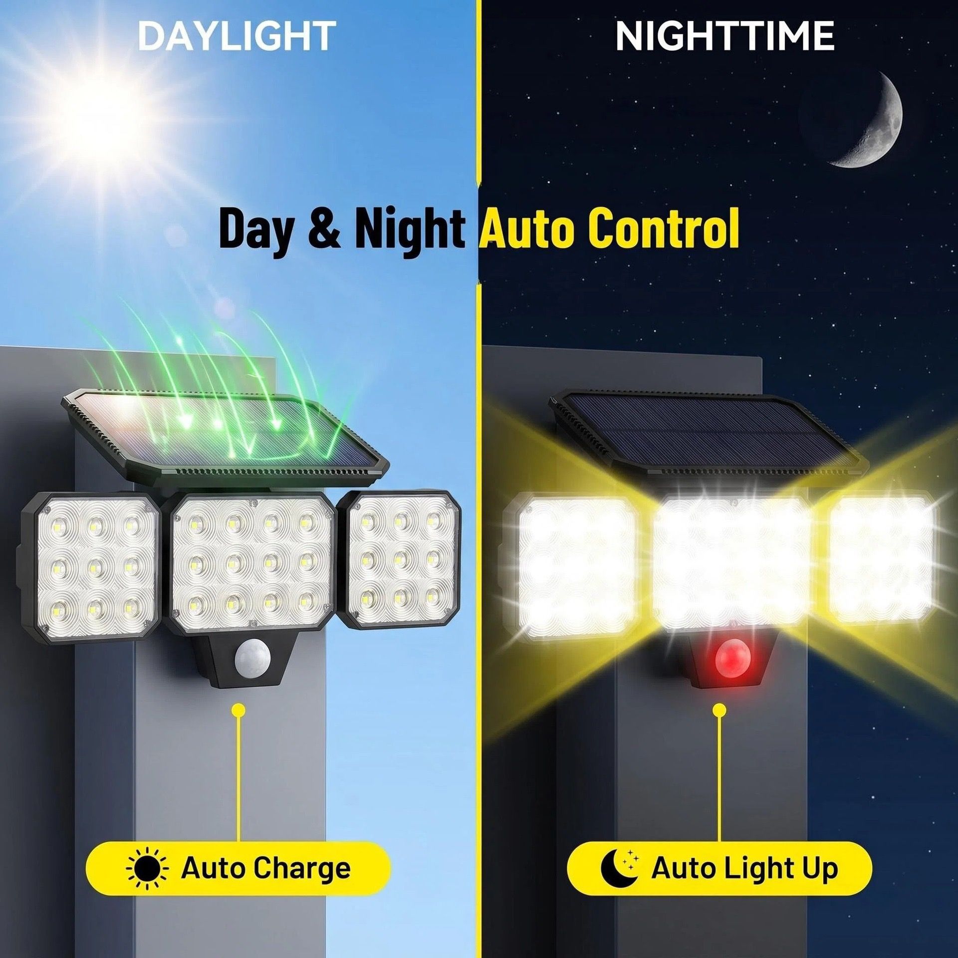 120-LED Solar Motion Sensor Outdoor Wall Light, 3 Adjustable Heads with 270° Coverage, 800 Lumens Super Bright, 3 Modes Security Lighting for Garage, Yard, Pathway and Fence (1PCS)