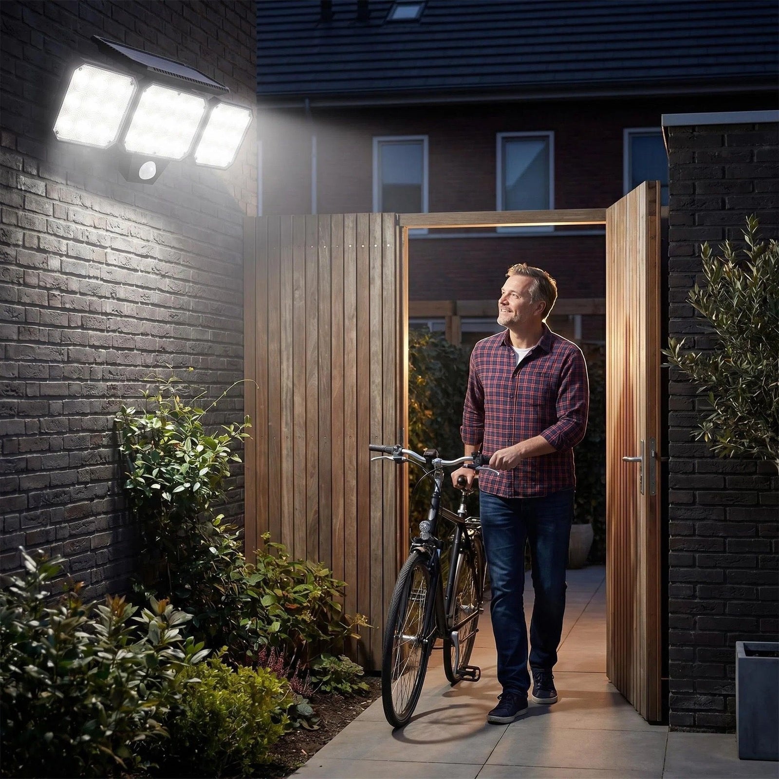 120-LED Solar Motion Sensor Outdoor Wall Light, 3 Adjustable Heads with 270° Coverage, 800 Lumens Super Bright, 3 Modes Security Lighting for Garage, Yard, Pathway and Fence (2PCS)