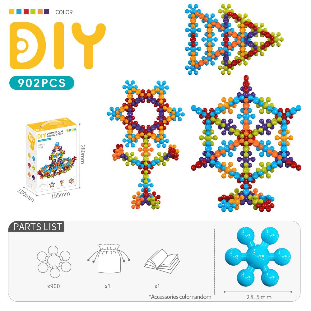 3D Plum Blossom Building Blocks for Kids – DIY Creative Puzzle Toy for Ages 3+ with 112, 302, or 902 Pieces, Safe Plastic, Reusable Storage Bag, and Idea Guide for Endless Fun (112PCS)