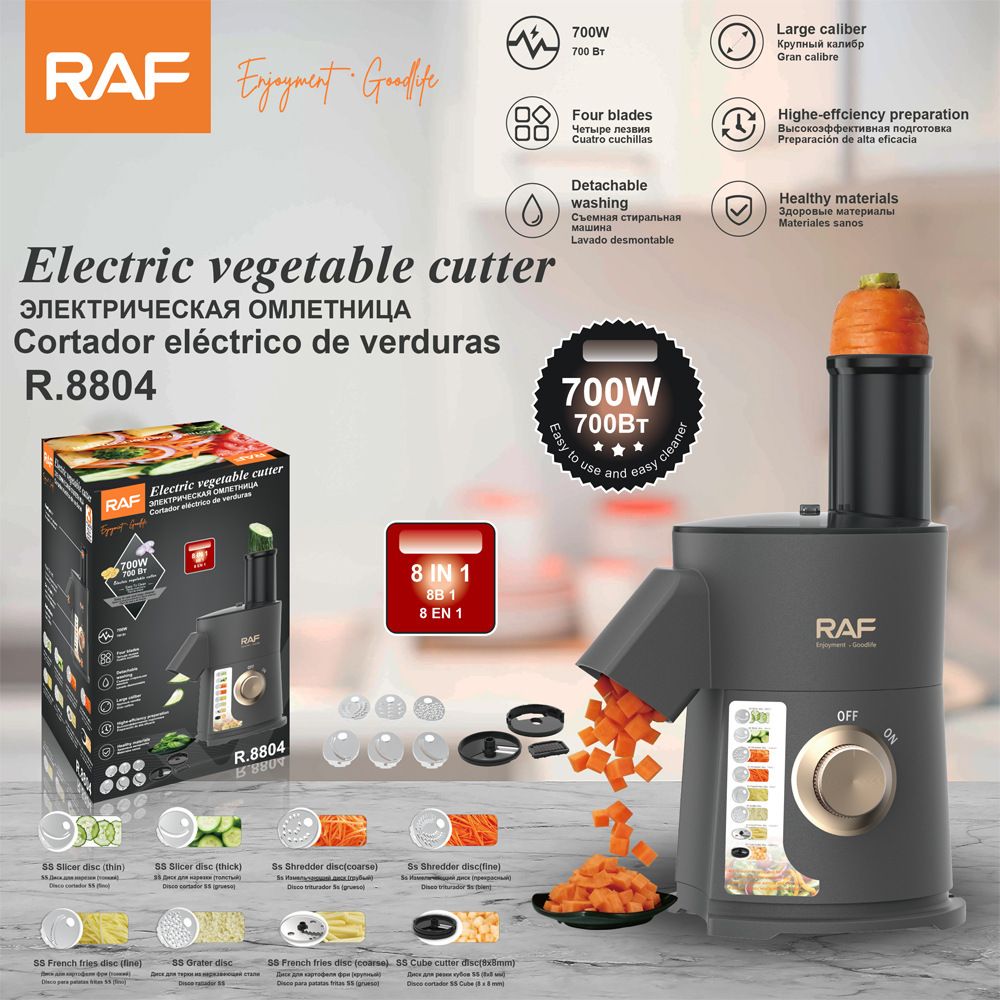 8-in-1 Electric Vegetable Chopper with 700W Motor, Multi-Function Food Processor for Slicing, Shredding, Dicing, Grating, and French Fry Cutting in Home Kitchens (DarkGrey)
