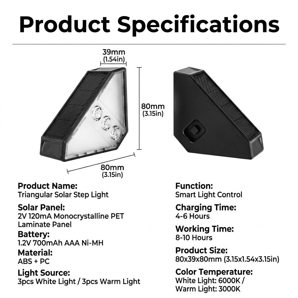Solar Powered Triangle Step Light with Monocrystalline Silicon Panel, Auto On at Dusk, IP65 Waterproof for Outdoor Stairs, Pathways, Patios, and Garden Steps – Choose Cool White 6000K or Warm Yellow 3000K for Safe Nighttime Illumination (12PCS, Cool White