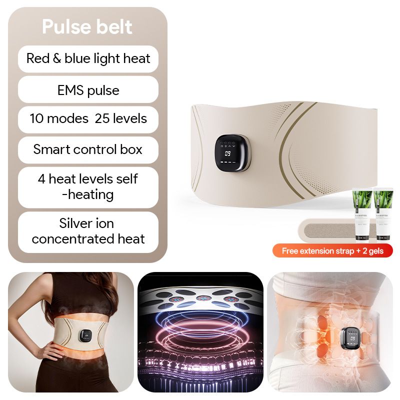EMS Red Light Pulse Massage Belt with Heat, Portable Wearable Muscle Stimulator for Waist, Arm and Leg Relaxation at Office, Home and Gym (Pulse belt （Free extension strap + 2 gels）)