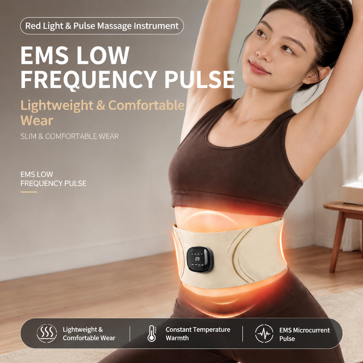 EMS Red Light Pulse Massage Belt with Heat, Portable Wearable Muscle Stimulator for Waist, Arm and Leg Relaxation at Office, Home and Gym (Pulse belt（Free extension strap）)