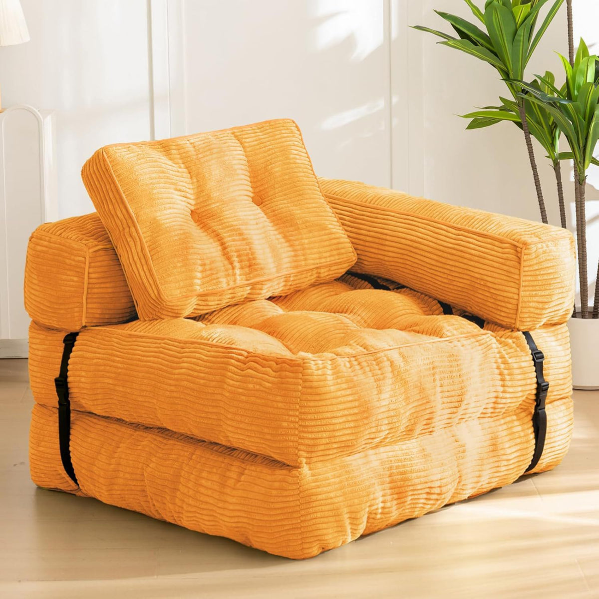 Foldable Corduroy Sofa Bed with Quilted Buttons and Pillow, Convertible Lounger for Reading, Gaming, Napping, and Relaxing at Home (Orange)