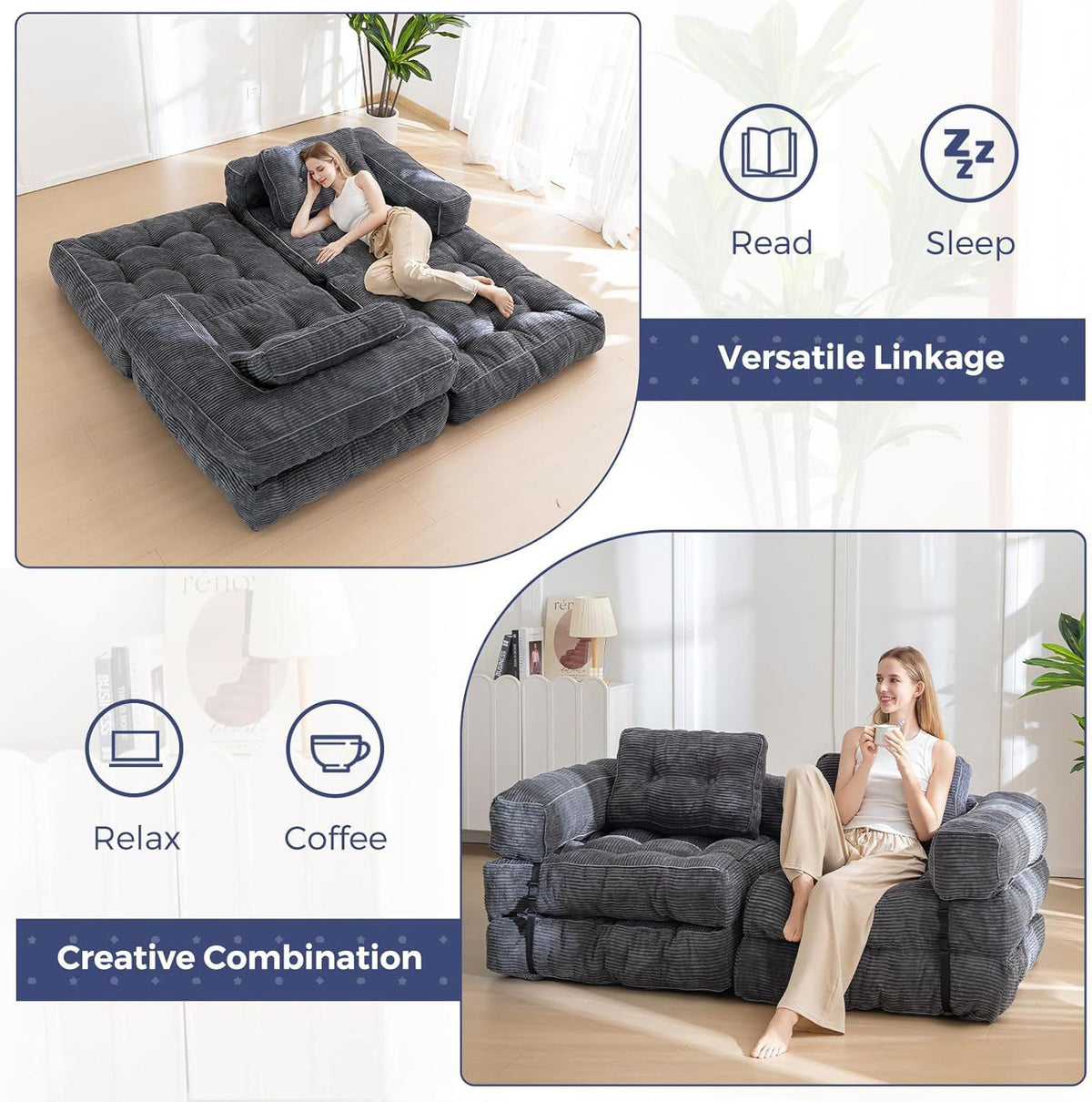 Foldable Corduroy Sofa Bed with Quilted Buttons and Pillow, Convertible Lounger for Reading, Gaming, Napping, and Relaxing at Home (Pink)