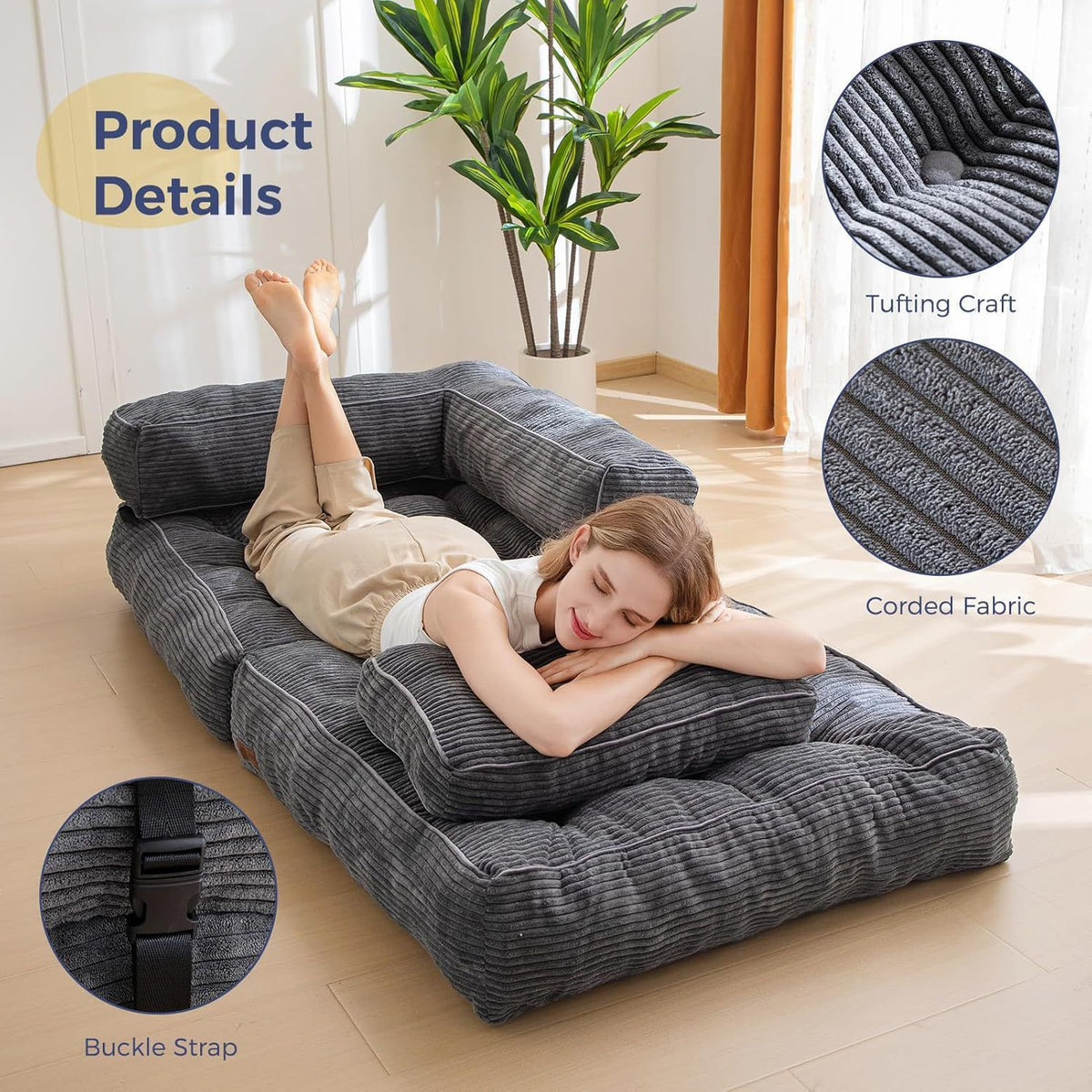 Foldable Corduroy Sofa Bed with Quilted Buttons and Pillow, Convertible Lounger for Reading, Gaming, Napping, and Relaxing at Home (RoyalBlue)