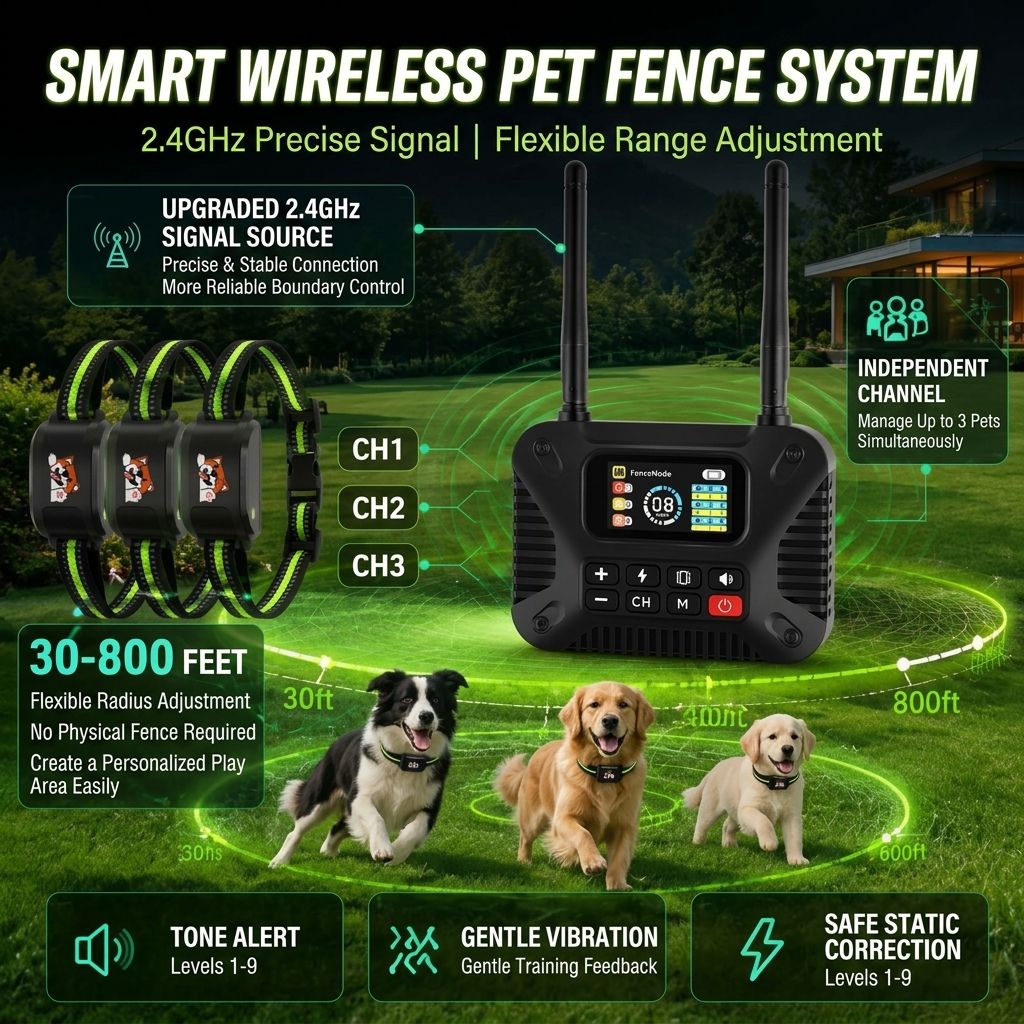 Wireless Dog Fence & Training System with 2.4GHz Remote Control, Adjustable Static Stimulation, Vibration and Beep Modes for 3 Pets, Waterproof Collar Receiver for Outdoor Yard Containment and Obedience Training (Black)