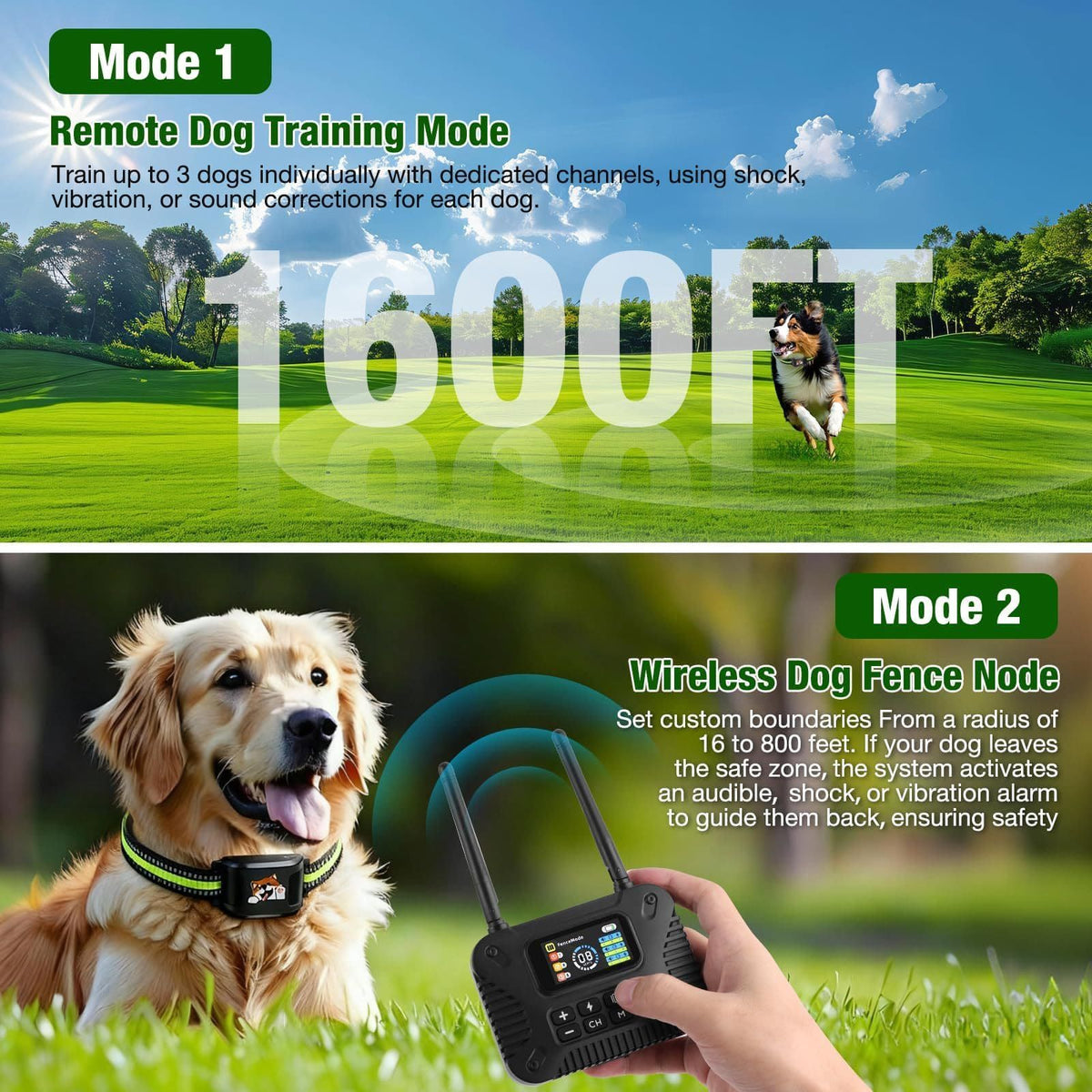 Wireless Dog Fence & Training System with 2.4GHz Remote Control, Adjustable Static Stimulation, Vibration and Beep Modes for 3 Pets, Waterproof Collar Receiver for Outdoor Yard Containment and Obedience Training (Black)