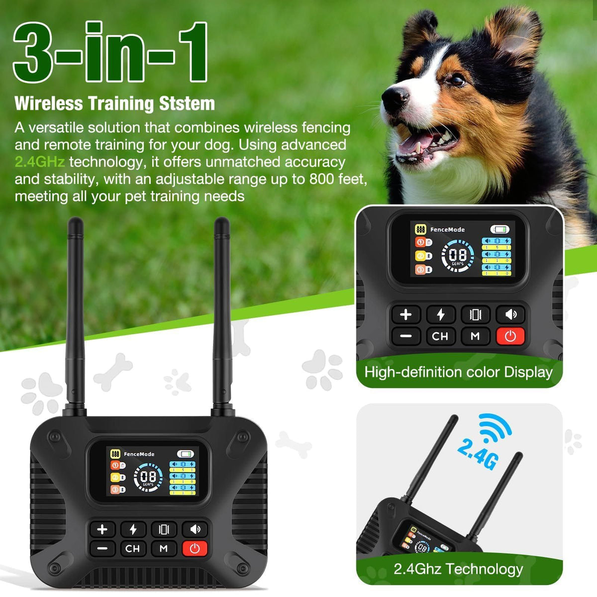 Wireless Dog Fence & Training System with 2.4GHz Remote Control, Adjustable Static Stimulation, Vibration and Beep Modes for 3 Pets, Waterproof Collar Receiver for Outdoor Yard Containment and Obedience Training (Black)