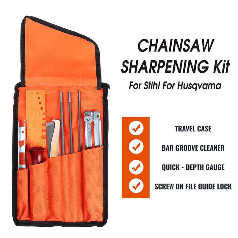 Chainsaw Chain Sharpening Kit with Roll-Up Pouch, Round Files, Flat File, Depth Gauge, Guide and Cleaning Tool for Outdoor Logging and Home Chainsaw Maintenance (F)