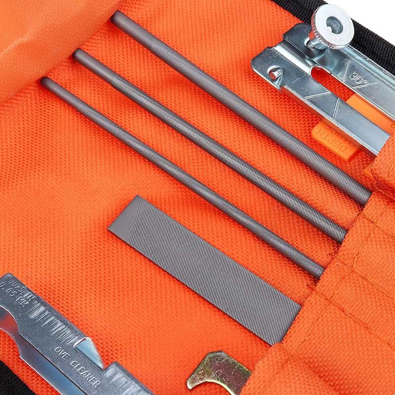 Chainsaw Chain Sharpening Kit with Roll-Up Pouch, Round Files, Flat File, Depth Gauge, Guide and Cleaning Tool for Outdoor Logging and Home Chainsaw Maintenance (F)