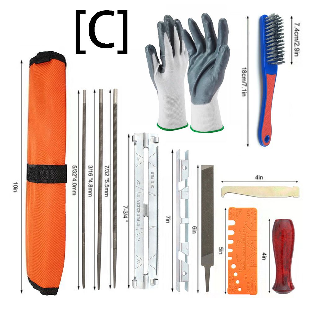 Chainsaw Chain Sharpening Kit with Roll-Up Pouch, Round Files, Flat File, Depth Gauge, Guide and Cleaning Tool for Outdoor Logging and Home Chainsaw Maintenance (F)