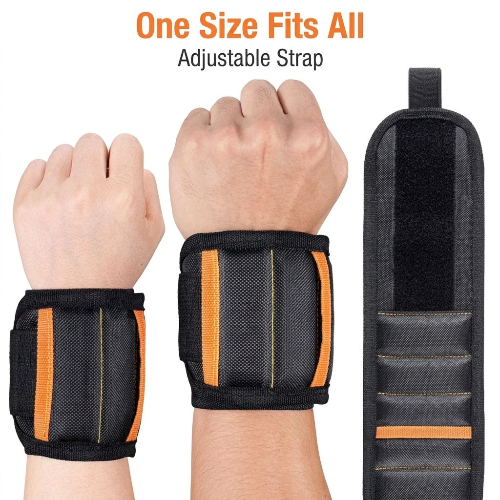 Magnetic Tool Wristband with 15 Strong Magnets and Storage Pocket – Hands-Free Screw, Nut, and Bit Holder for Home Improvement, Carpentry, Auto Repair, and DIY Projects, Adjustable Oxford Fabric Strap (Orange, 1PCS)
