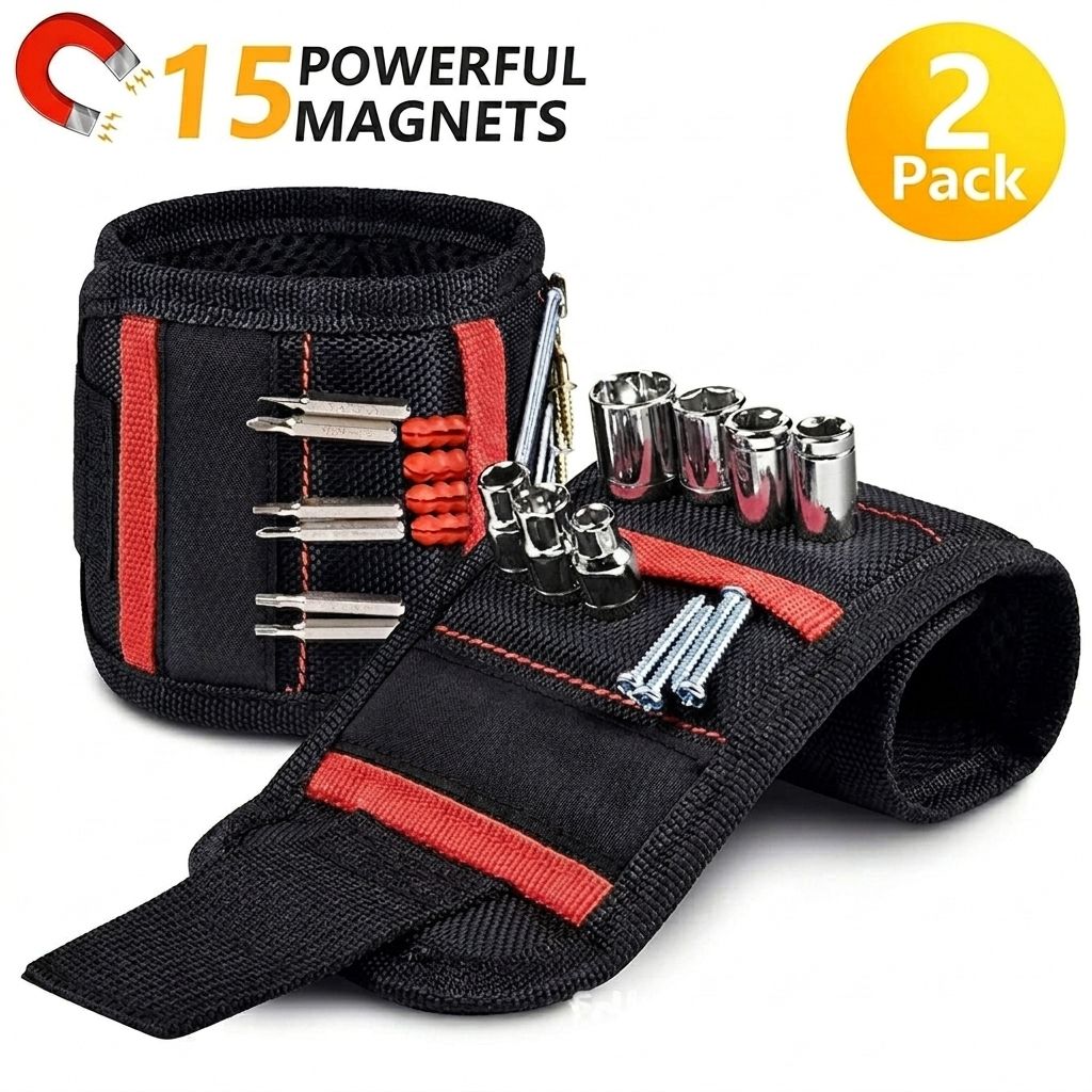 Magnetic Tool Wristband with 15 Strong Magnets and Storage Pocket – Hands-Free Screw, Nut, and Bit Holder for Home Improvement, Carpentry, Auto Repair, and DIY Projects, Adjustable Oxford Fabric Strap (Orange, 1PCS)