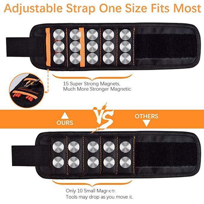 Magnetic Tool Wristband with 15 Strong Magnets and Storage Pocket – Hands-Free Screw, Nut, and Bit Holder for Home Improvement, Carpentry, Auto Repair, and DIY Projects, Adjustable Oxford Fabric Strap (Red, 1PCS)