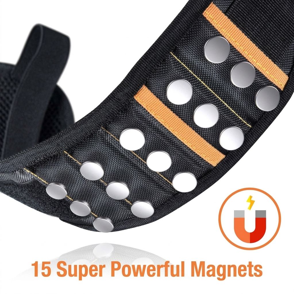 Magnetic Tool Wristband with 15 Strong Magnets and Storage Pocket – Hands-Free Screw, Nut, and Bit Holder for Home Improvement, Carpentry, Auto Repair, and DIY Projects, Adjustable Oxford Fabric Strap (Red, 1PCS)