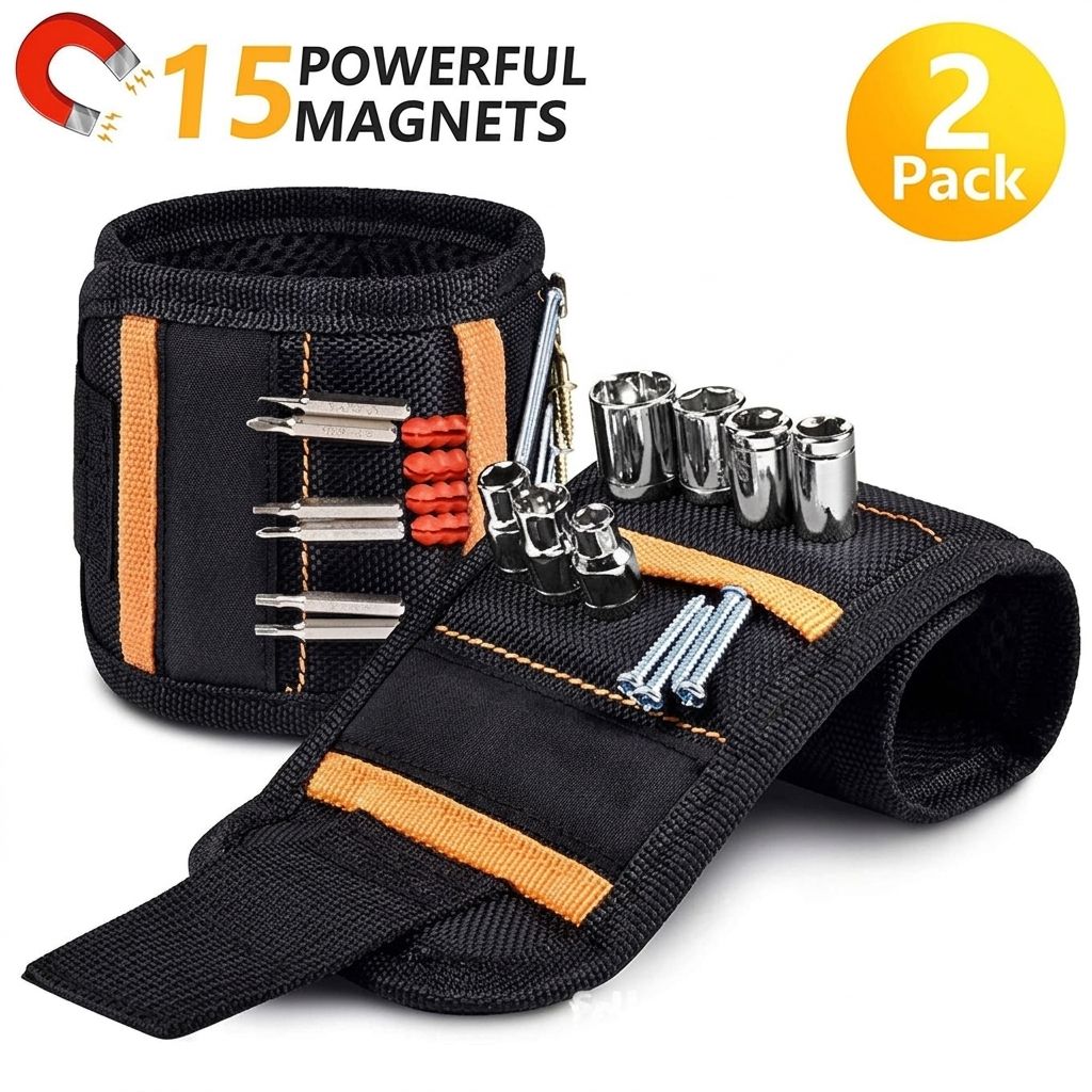 Magnetic Tool Wristband with 15 Strong Magnets and Storage Pocket – Hands-Free Screw, Nut, and Bit Holder for Home Improvement, Carpentry, Auto Repair, and DIY Projects, Adjustable Oxford Fabric Strap (Red, 1PCS)