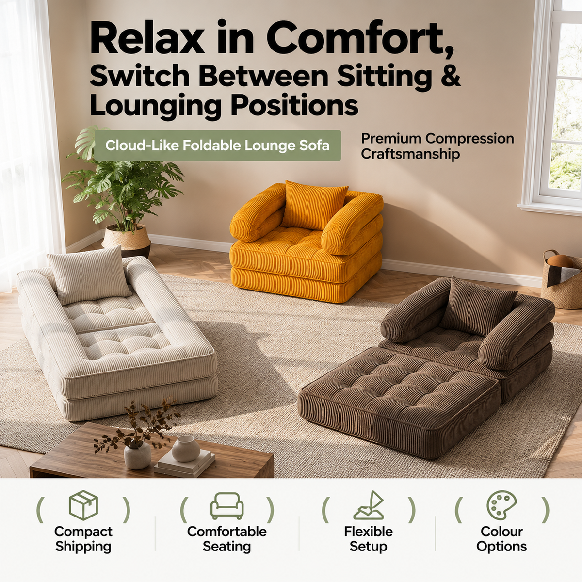 Foldable Multi-Functional Lounger Sofa with Corduroy Cover and High-Density Foam for Living Room Relaxation, Napping, and Lounging (Beige)