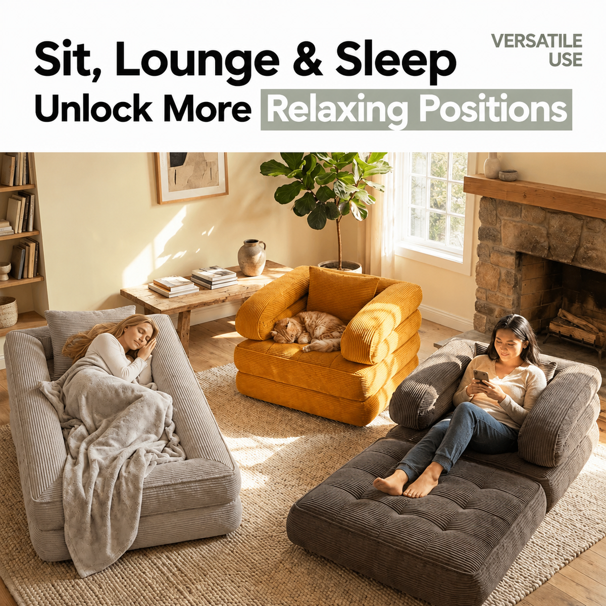 Foldable Multi-Functional Lounger Sofa with Corduroy Cover and High-Density Foam for Living Room Relaxation, Napping, and Lounging (Beige)