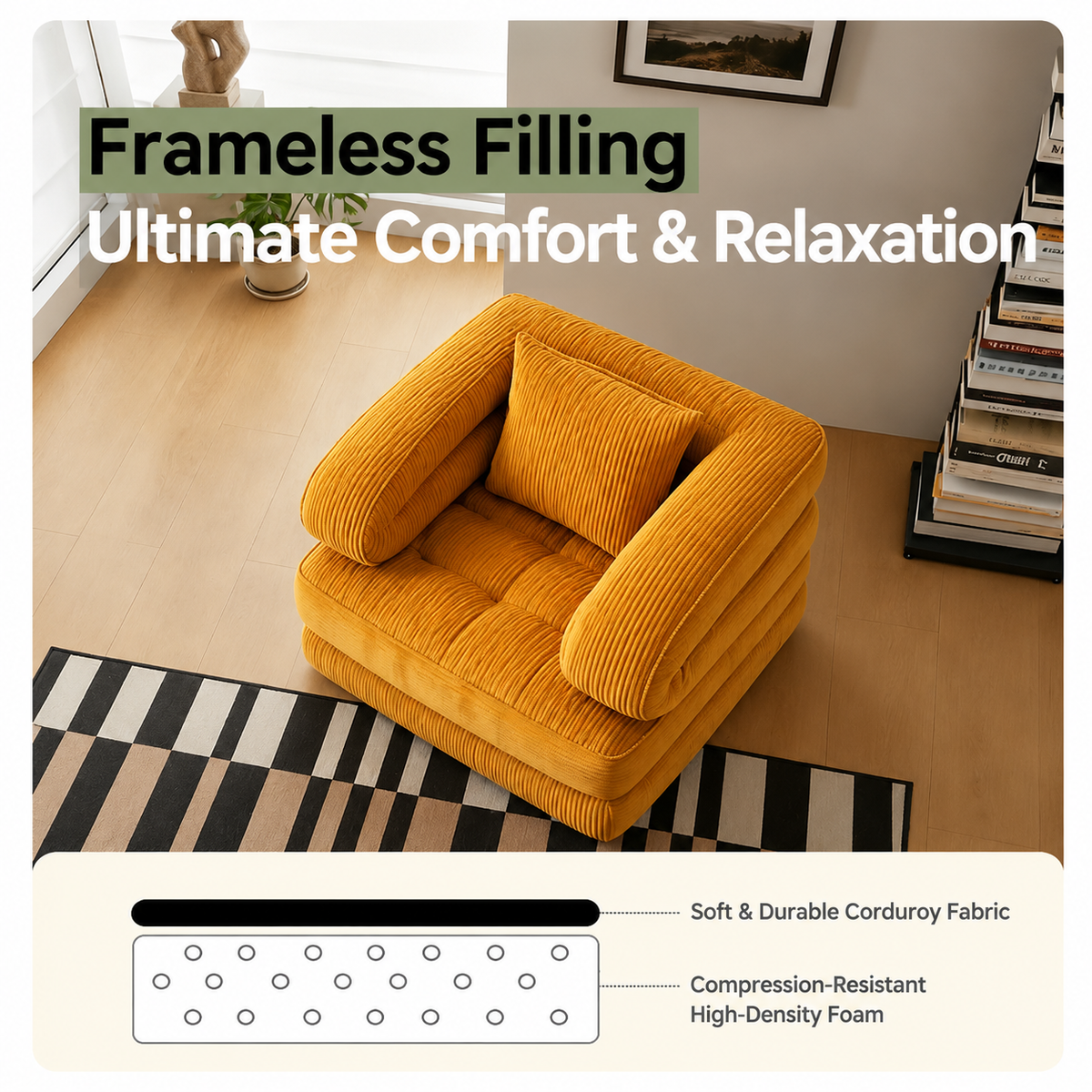 Foldable Multi-Functional Lounger Sofa with Corduroy Cover and High-Density Foam for Living Room Relaxation, Napping, and Lounging (Beige)