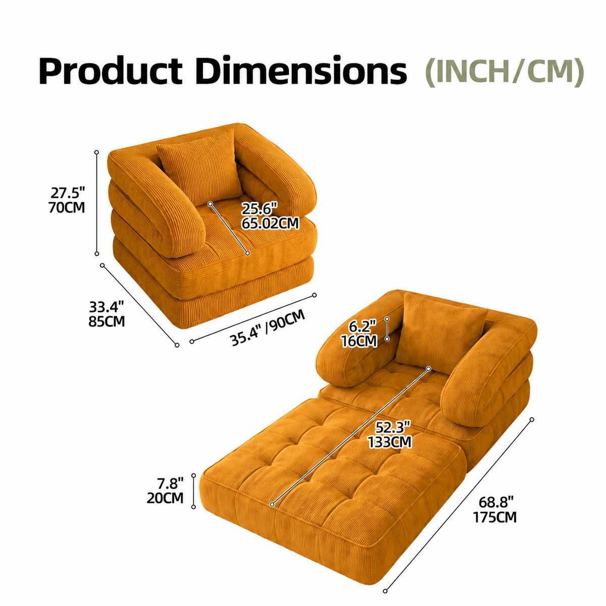 Foldable Multi-Functional Lounger Sofa with Corduroy Cover and High-Density Foam for Living Room Relaxation, Napping, and Lounging (Orange)