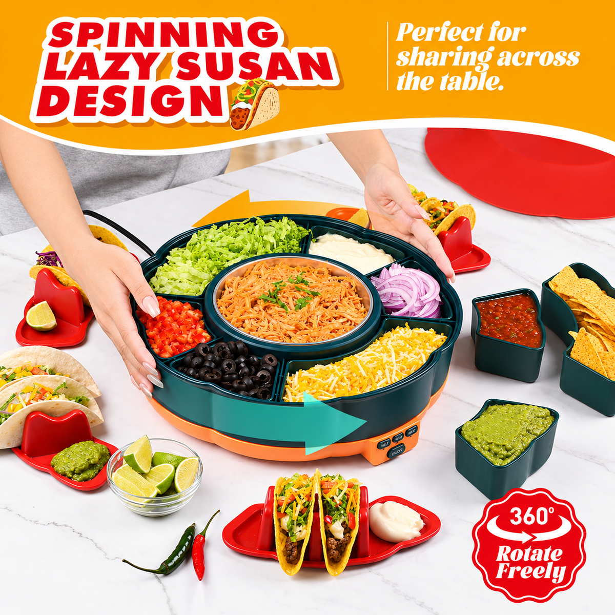 360° Rotating Taco Party Serving Set with 33oz Chocolate Fondue Warmer, Multi-Compartment Condiment Tray and Taco Holder for Family Gatherings, Game Nights and Outdoor Picnics. (Orange base, Green tray, Red lid)