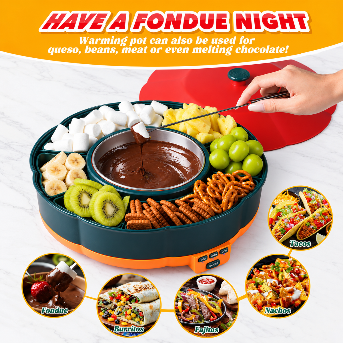 360° Rotating Taco Party Serving Set with 33oz Chocolate Fondue Warmer, Multi-Compartment Condiment Tray and Taco Holder for Family Gatherings, Game Nights and Outdoor Picnics. (Orange base, Green tray, Red lid)