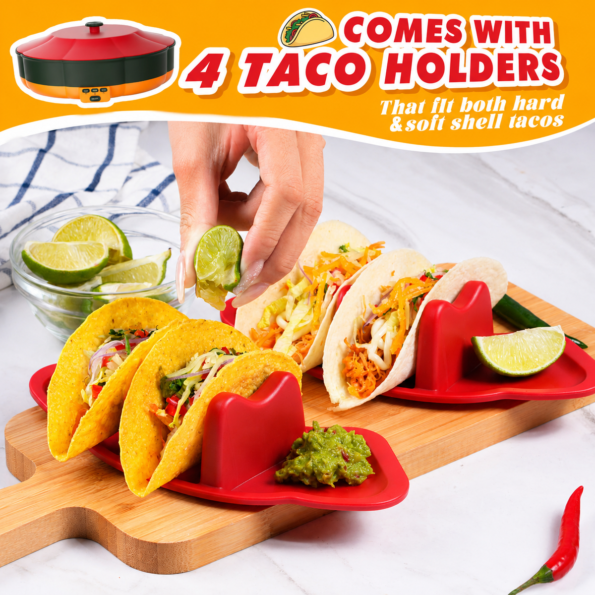 360° Rotating Taco Party Serving Set with 33oz Chocolate Fondue Warmer, Multi-Compartment Condiment Tray and Taco Holder for Family Gatherings, Game Nights and Outdoor Picnics. (Orange base, Green tray, Red lid)