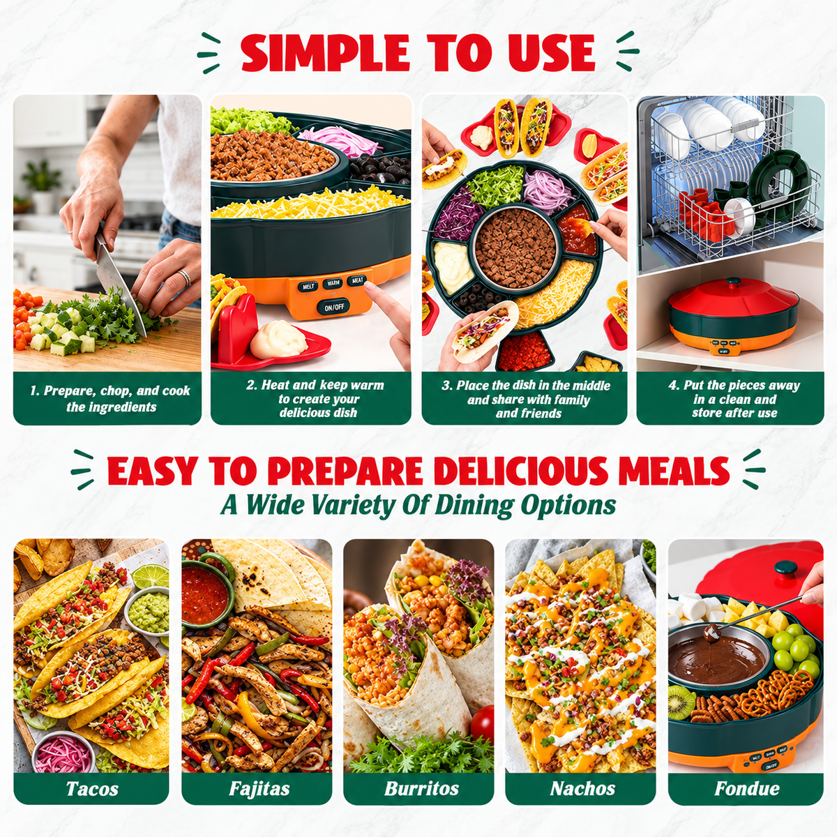 360° Rotating Taco Party Serving Set with 33oz Chocolate Fondue Warmer, Multi-Compartment Condiment Tray and Taco Holder for Family Gatherings, Game Nights and Outdoor Picnics. (Orange base, Green tray, Red lid)