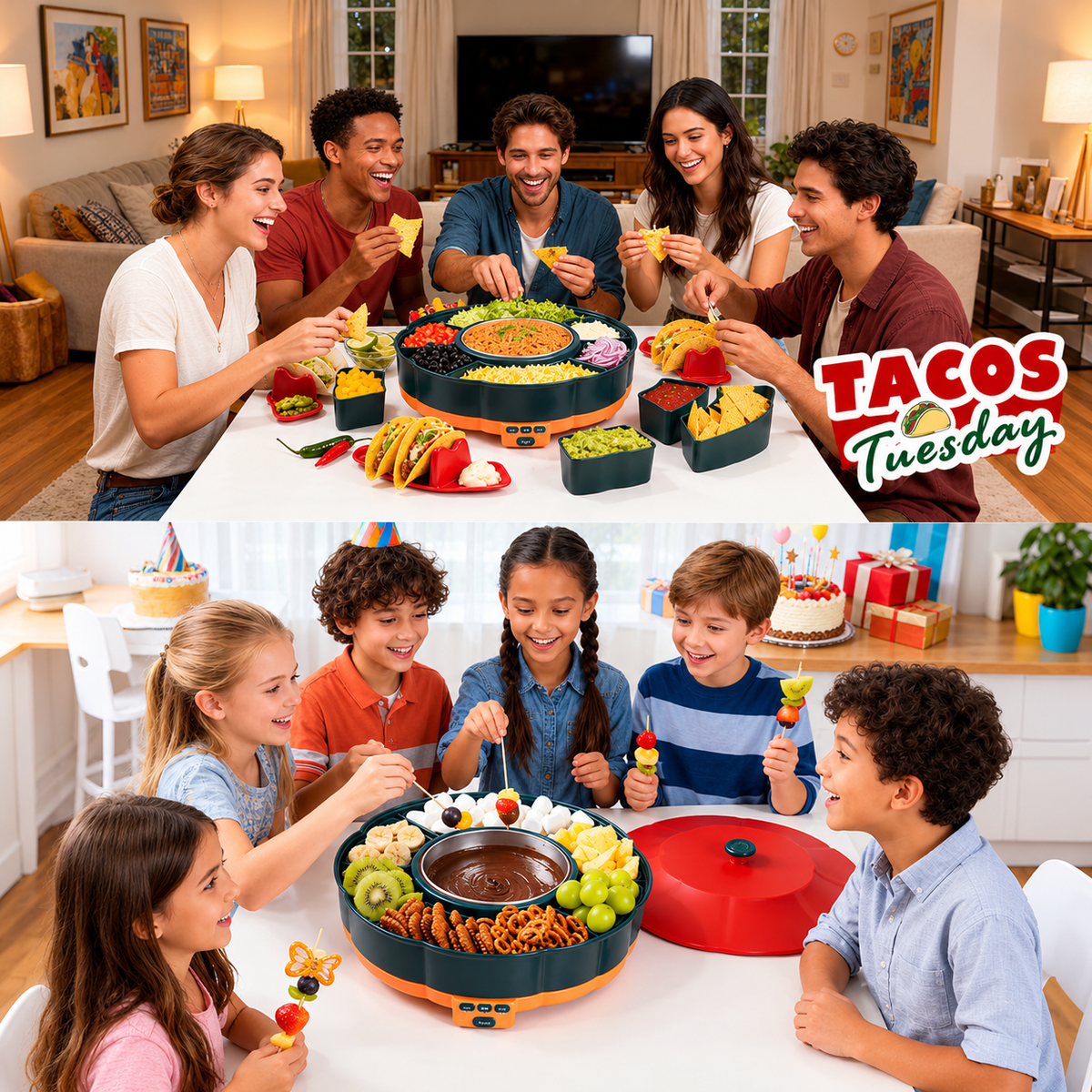 360° Rotating Taco Party Serving Set with 33oz Chocolate Fondue Warmer, Multi-Compartment Condiment Tray and Taco Holder for Family Gatherings, Game Nights and Outdoor Picnics. (Orange base, Green tray, Red lid)