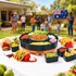 360° Rotating Taco Party Serving Set with 33oz Chocolate Fondue Warmer, Multi-Compartment Condiment Tray and Taco Holder for Family Gatherings, Game Nights and Outdoor Picnics. (Orange base, Green tray, Red lid)