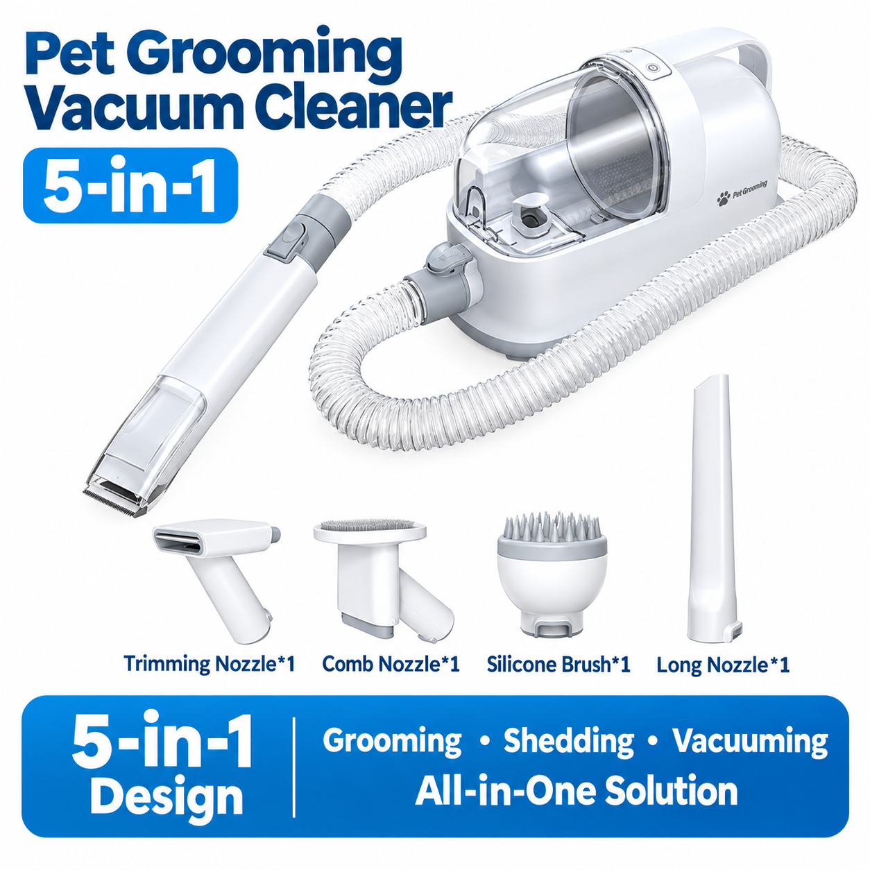 Five-in-One Pet Grooming Vacuum Kit with Clippers, Deshedding Brush and 200cm Hose for Home and Salon Use, White (White)