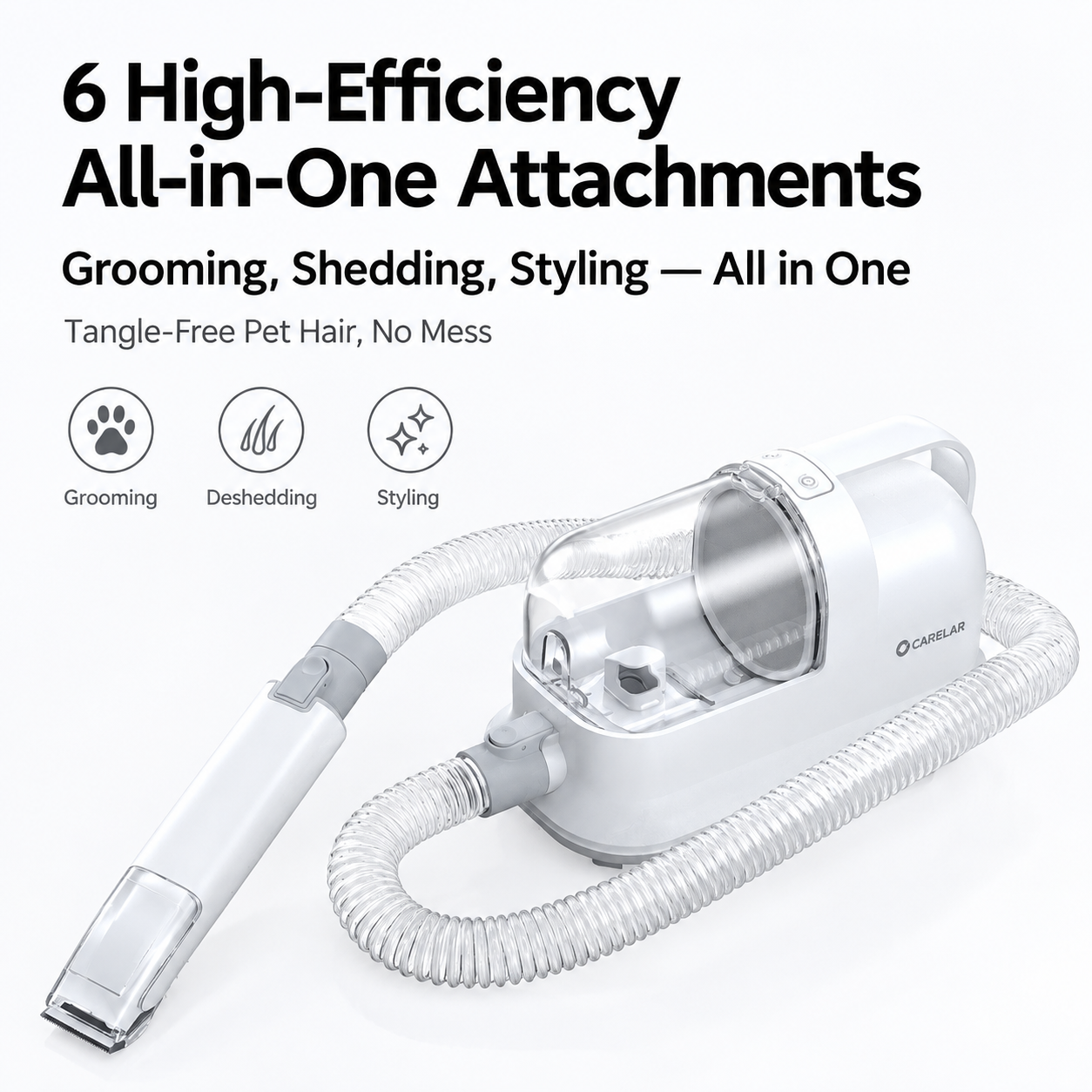 Five-in-One Pet Grooming Vacuum Kit with Clippers, Deshedding Brush and 200cm Hose for Home and Salon Use, White (White)