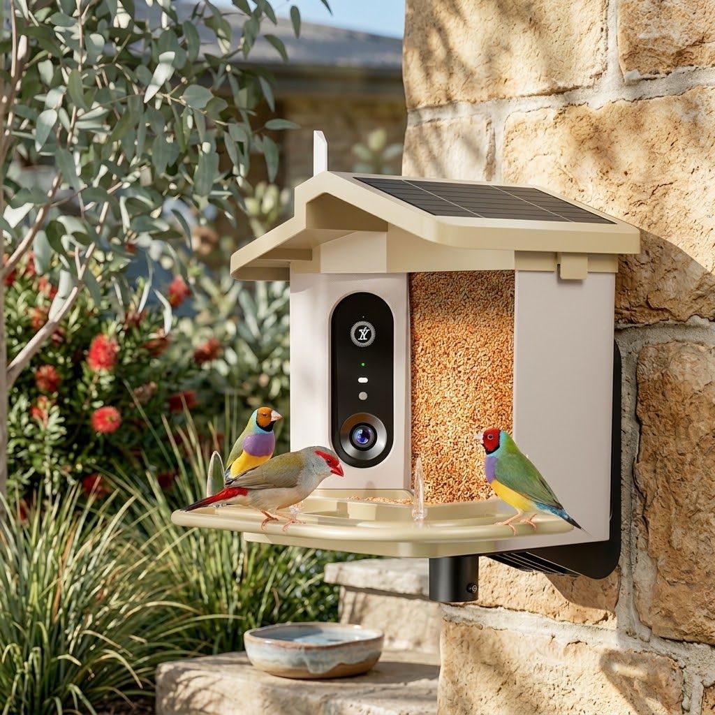 Smart Solar Bird Feeder, 2K AI Camera, 1.5L Seed Capacity, Khaki Finish