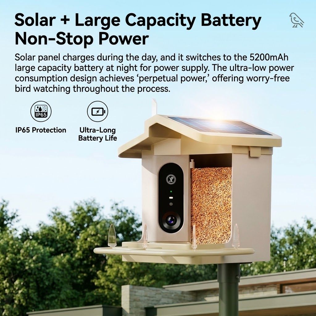 Smart Bird Feeder with 2K-4K Ultra HD AI Bird Recognition, Solar-Powered Outdoor Camera Feeder for Garden, Balcony, or Tree Mounting, Ideal for Bird Watching Enthusiasts and Backyard Wildlife Lovers (4K, Apricot)