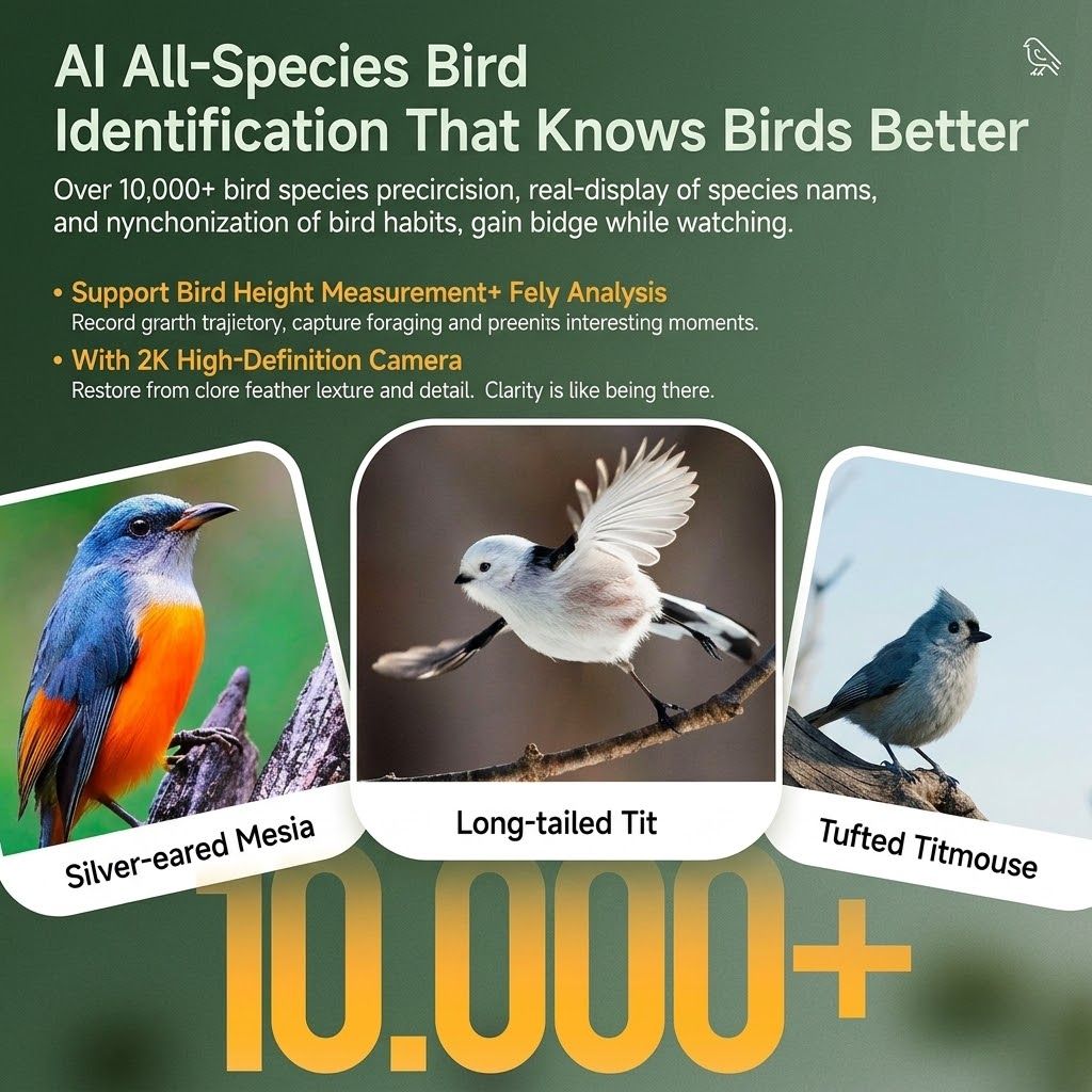 Smart Bird Feeder with 2K-4K Ultra HD AI Bird Recognition, Solar-Powered Outdoor Camera Feeder for Garden, Balcony, or Tree Mounting, Ideal for Bird Watching Enthusiasts and Backyard Wildlife Lovers (4K, Green)