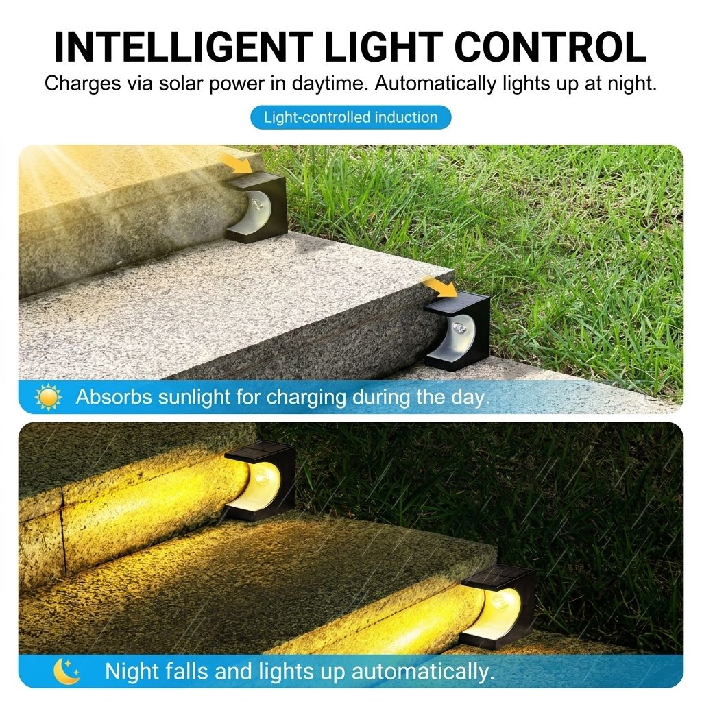 Solar Crescent Moon Step Light with Monocrystalline Silicon Panel, ABS & PS Construction, IP65 Waterproof, 3000K Warm White or 6000K Cool White Options for Outdoor Garden Paths, Driveways, and Wooden Deck Stairs (12PCS, Cool White Light)