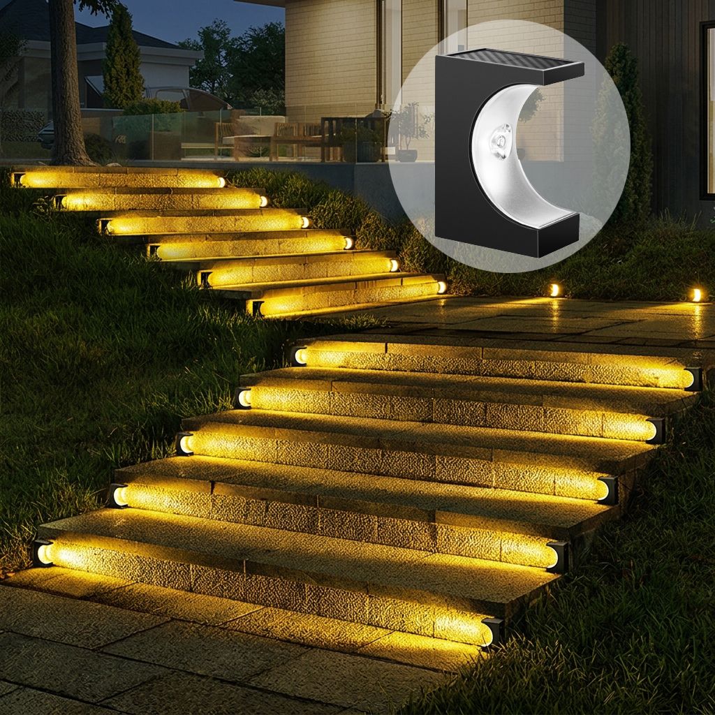 Solar Crescent Moon Step Light with Monocrystalline Silicon Panel, ABS & PS Construction, IP65 Waterproof, 3000K Warm White or 6000K Cool White Options for Outdoor Garden Paths, Driveways, and Wooden Deck Stairs (24PCS, Warm White Light)