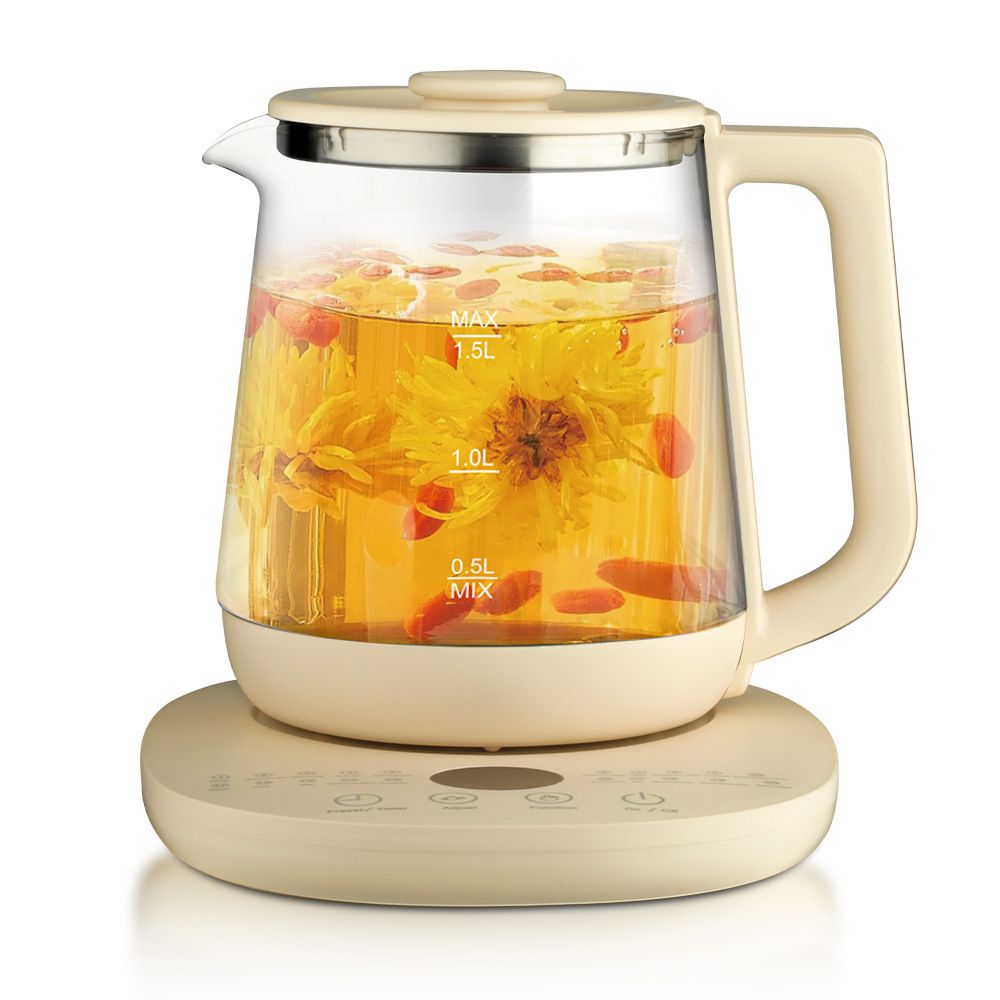 Multifunctional Electric Glass Kettle with Stainless Steel Base for Tea, Soup, Porridge, and Baby Food, 1.5L Capacity, 24-Hour Preset, Ideal for Home and Office Use (Beige)