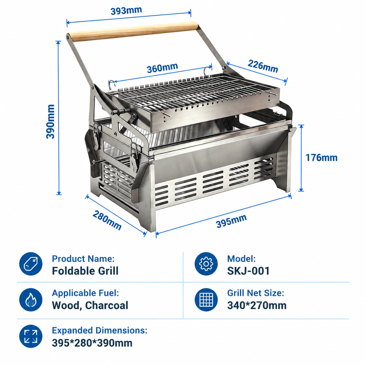 Foldable Portable Flip BBQ Grill and Fire Pit, 304 Stainless Steel Outdoor Camping Picnic Garden Barbecue Stove with Wooden Handle and Storage Bag (Silver)