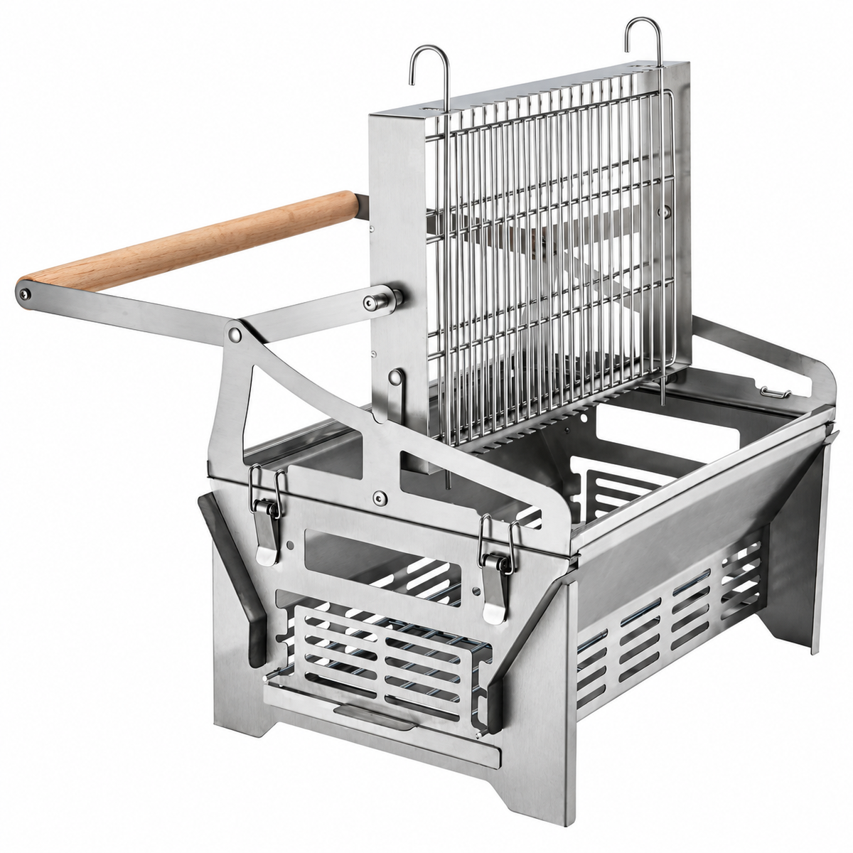 Foldable Portable Flip BBQ Grill and Fire Pit, 304 Stainless Steel Outdoor Camping Picnic Garden Barbecue Stove with Wooden Handle and Storage Bag (Silver)